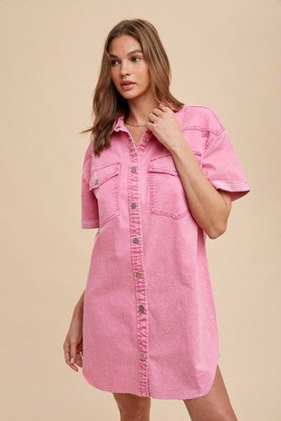 Pink Denim Button Down Shirt Dress