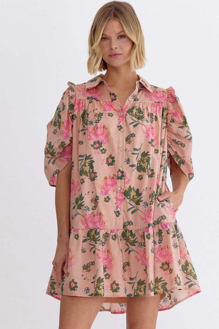 Peach Floral Print Button Up Dress - Large