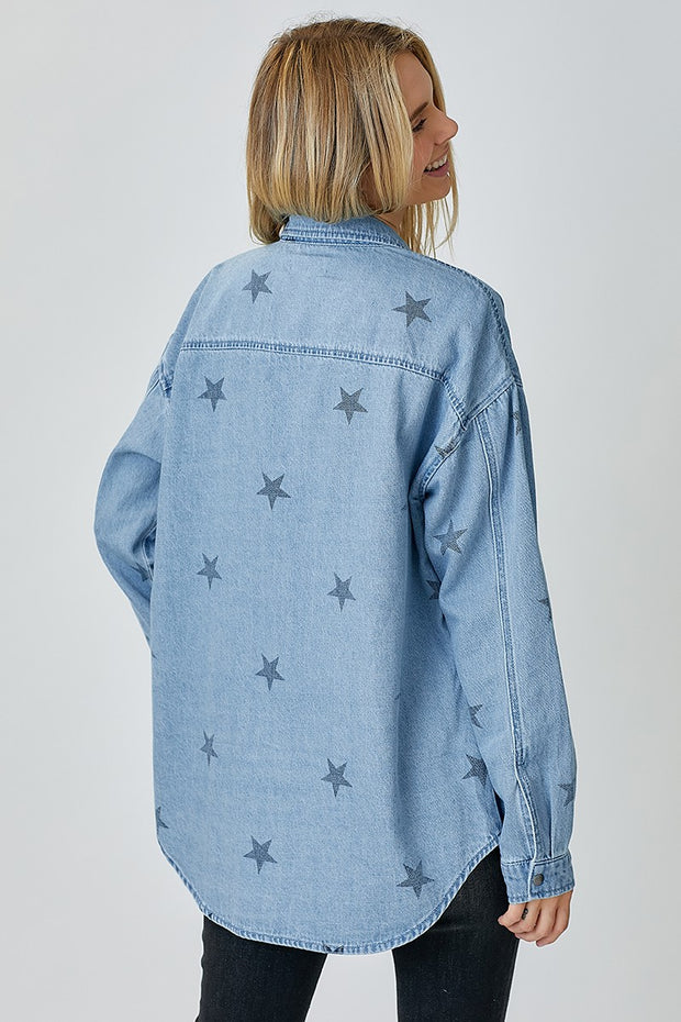 Oversized Star Print Denim Shirt