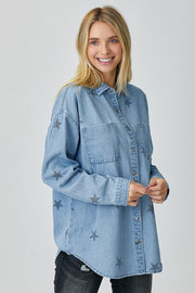 Oversized Star Print Denim Shirt