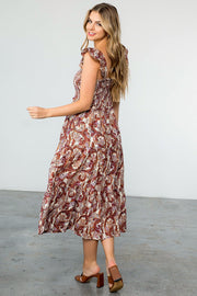 Smocked Paisley Print Maxi Dress