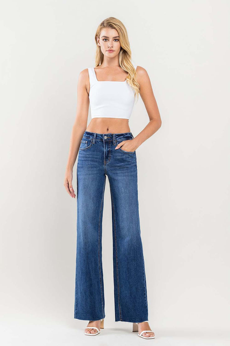 High Rise Wide Leg Raw Hem Jeans - 32