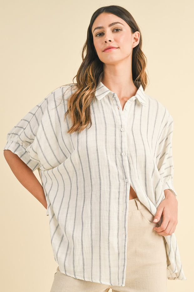 Ivory Oversized Striped Woven Blouse