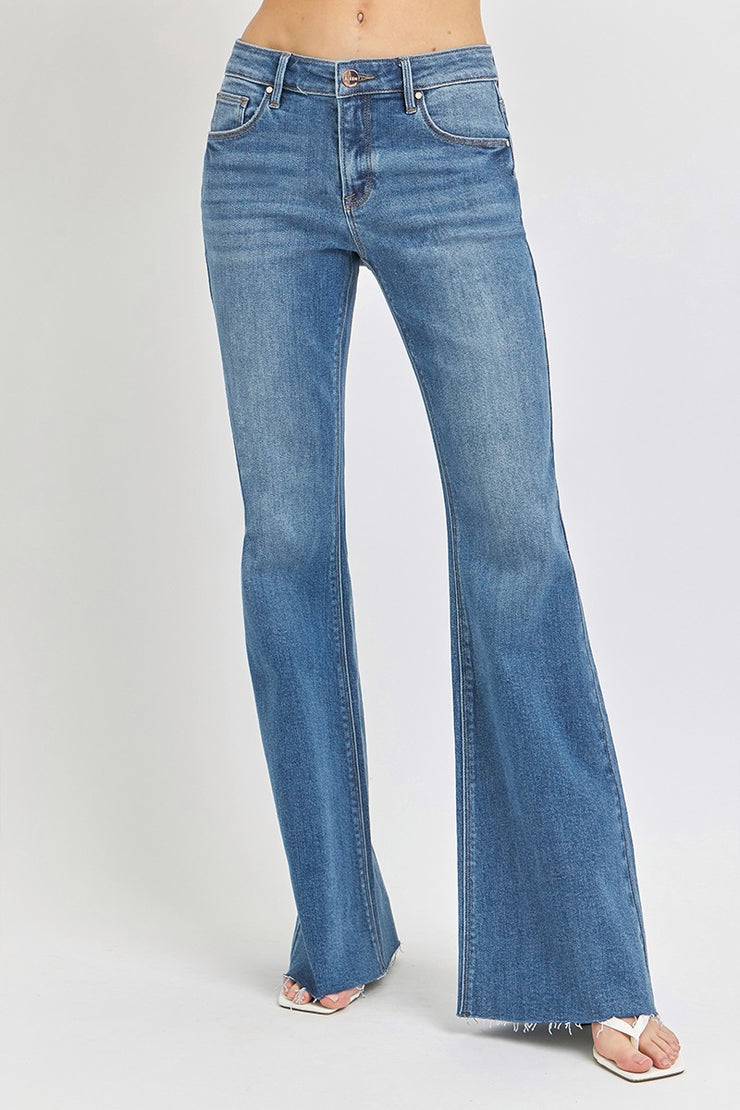 Mid Rise Flare Raw Hem Jeans