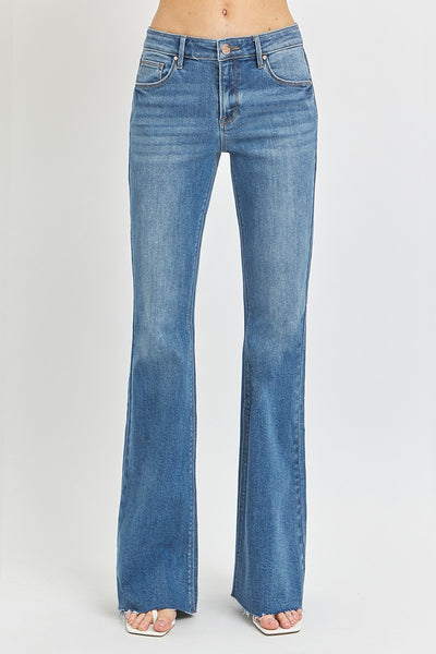 Mid Rise Flare Raw Hem Jeans