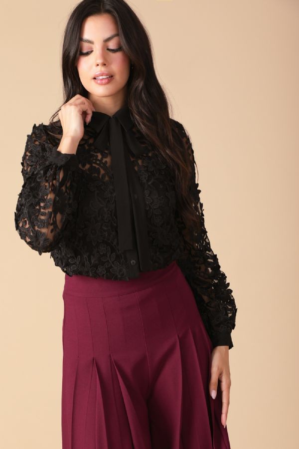 Black Lace Button Down Top