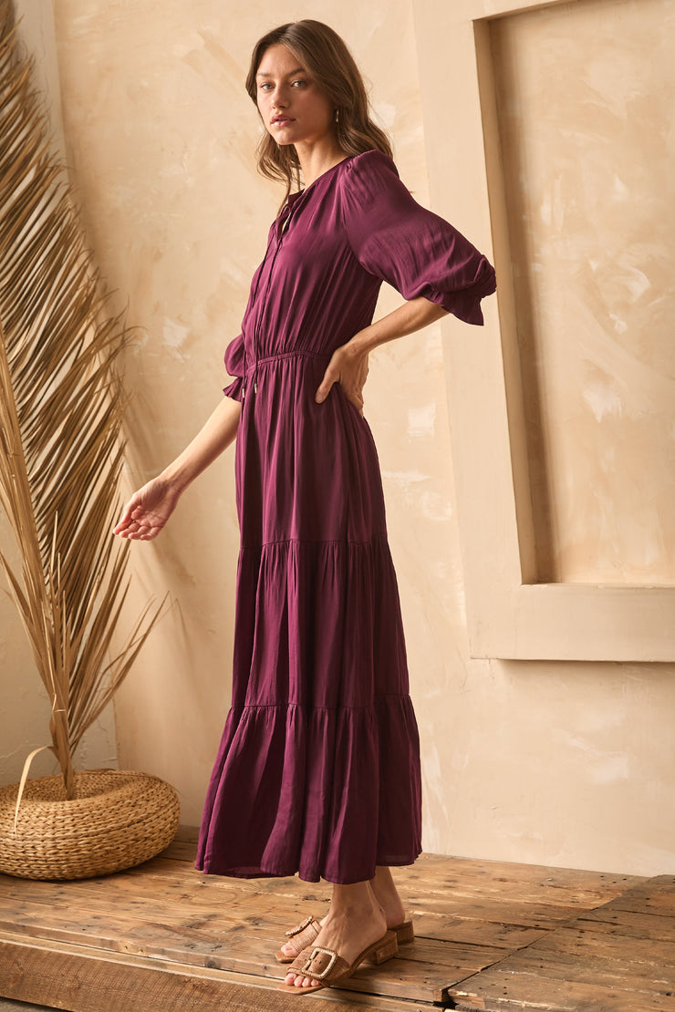 Plum Long Sleeve Ruffle Tiered Dress