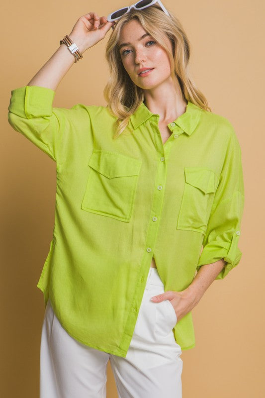 Lime Linen Oversized Shirt - Small