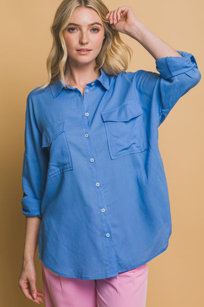 Blue Linen Oversized Shirt - Large