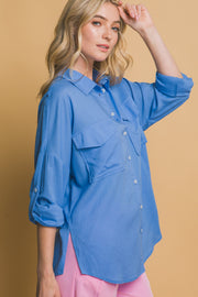 Blue Linen Oversized Shirt - Large