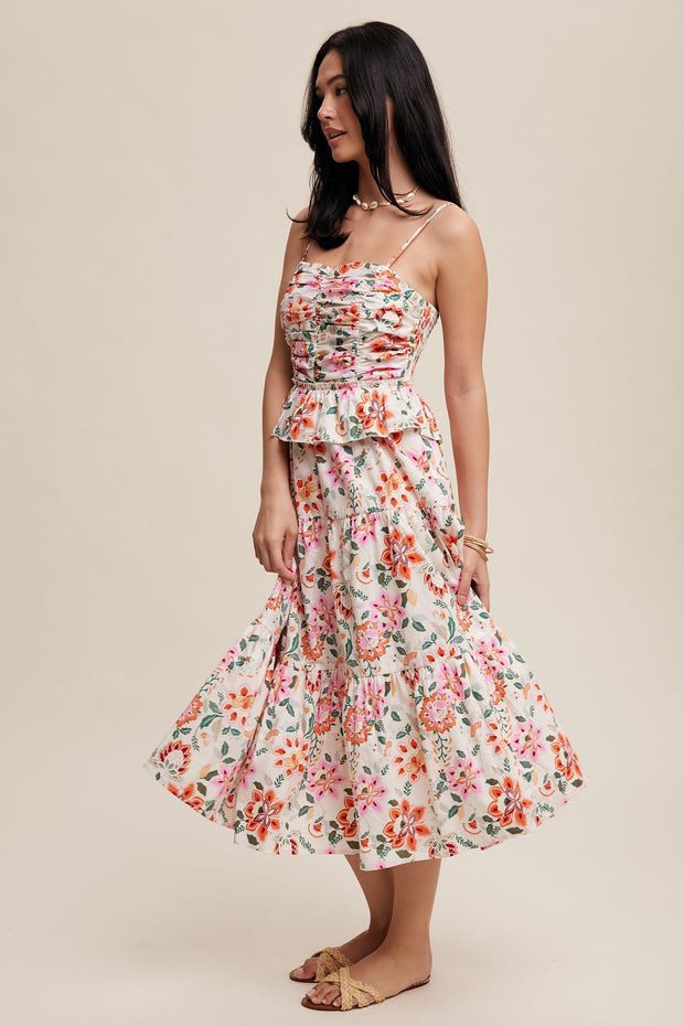 Cream Floral Ruched Dress