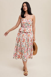 Cream Floral Ruched Dress