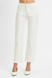 Cream Mid Rise Straight Jeans