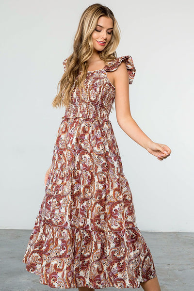 Smocked Paisley Print Maxi Dress