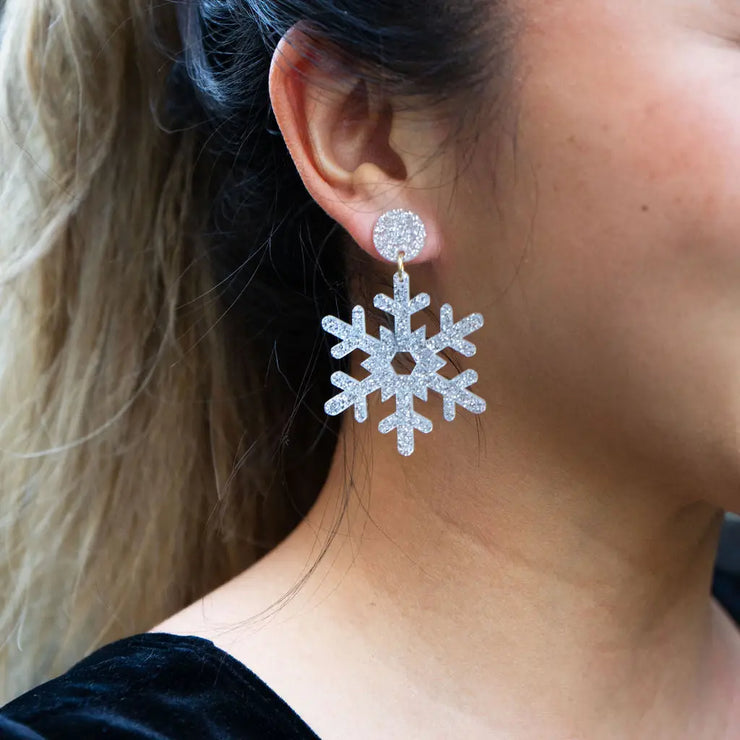 Silver Glitter Snowflake Earrings