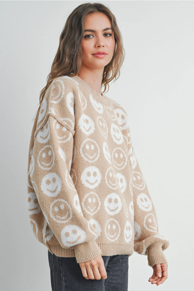 Taupe Smiley Face Sweater