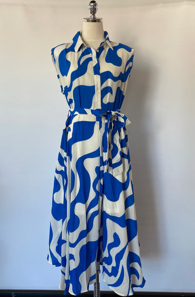 Blue Printed Tie Waist Dress-large