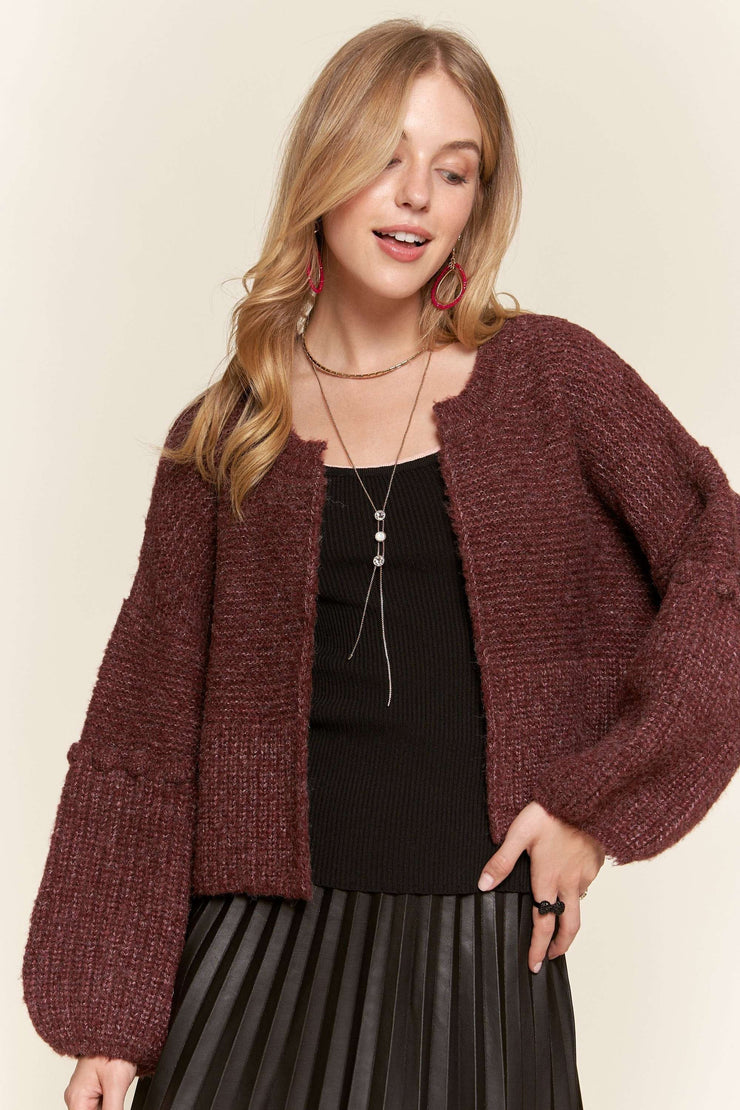 Burgundy Puff Sleeve Cardigan