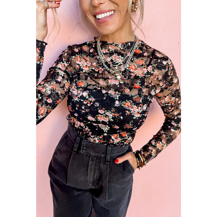 Black Floral Mesh Top