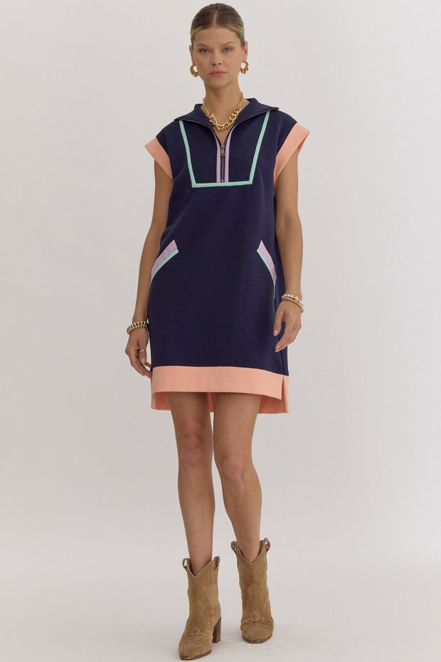 Navy Zip Up Textured Dress - Medium